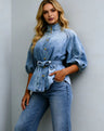 Lace-up Waist-cinching Bell-sleeve Cropped-sleeve Versatile Vintage Denim Shirt